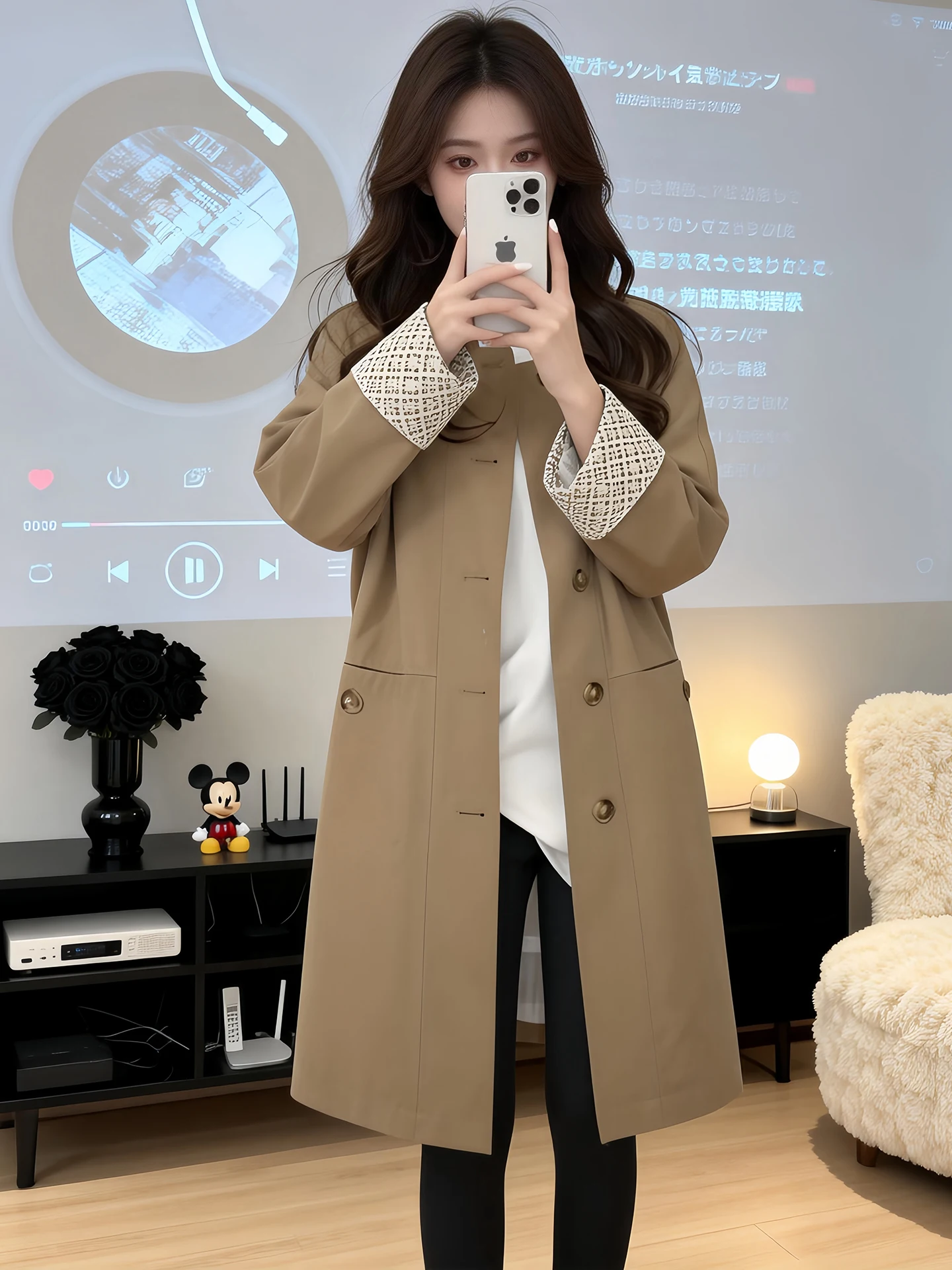 

Korean Style Lace Sleeve Patchwork Coat Women's Spring Autumn New Super Beautiful Midi Loose Coat Polyester Fiber Long Sleeve