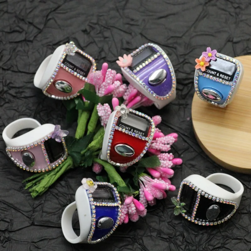6Pcs Mixed Color Rhinestone Finger Tally Counter, Mini Ring Digital Click Counter for Prayer Knitting Inventory Counting