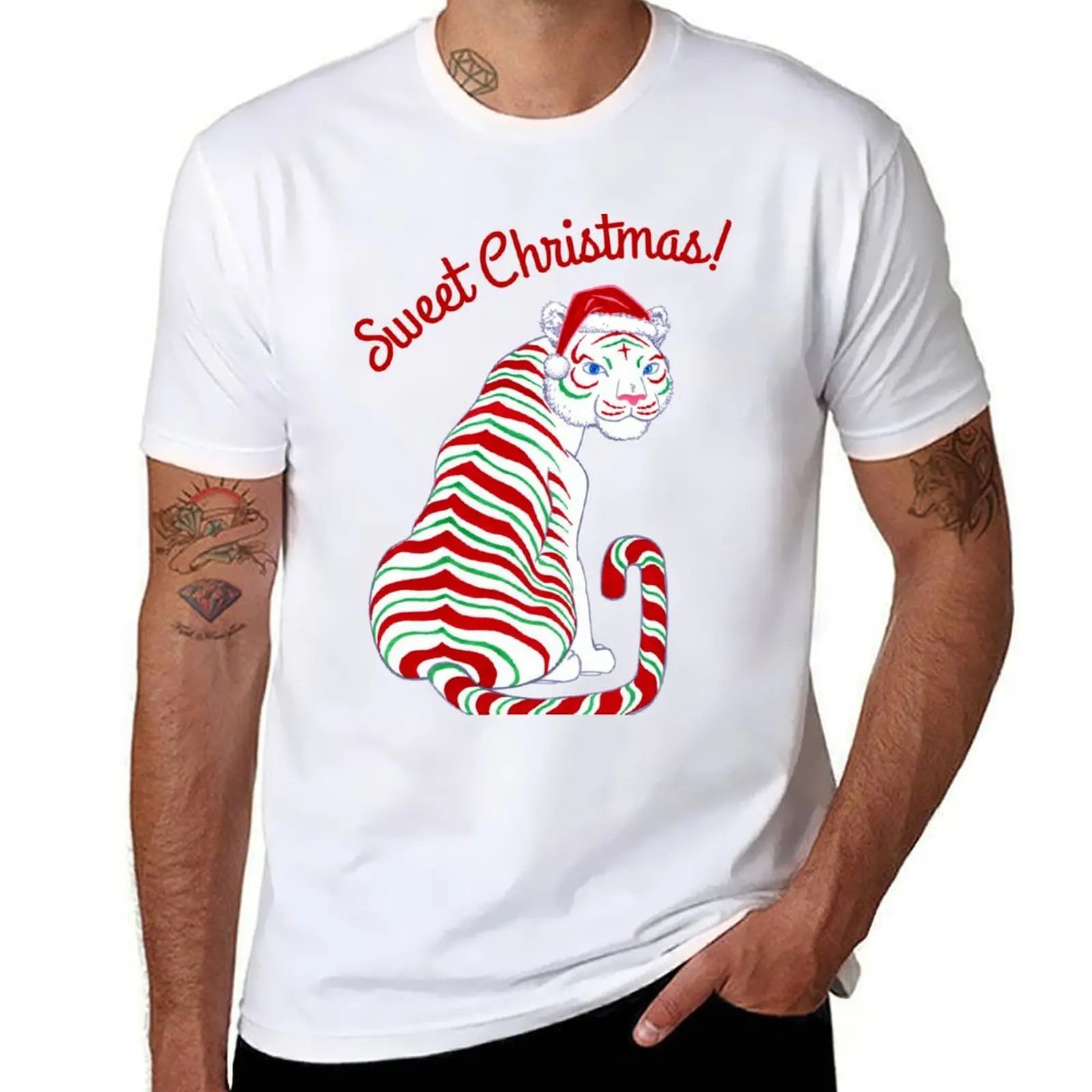 

Sweet Christmas Candy Cane Tiger- Peppermint Holiday T-Shirt man t shirts for men casual T-Shirt