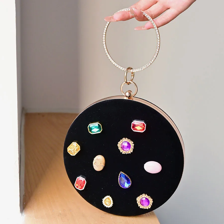 Retro gorgeous colorful treasure round box dinner bag with diamond ring handbag exquisite eye-catching dinner hand bag