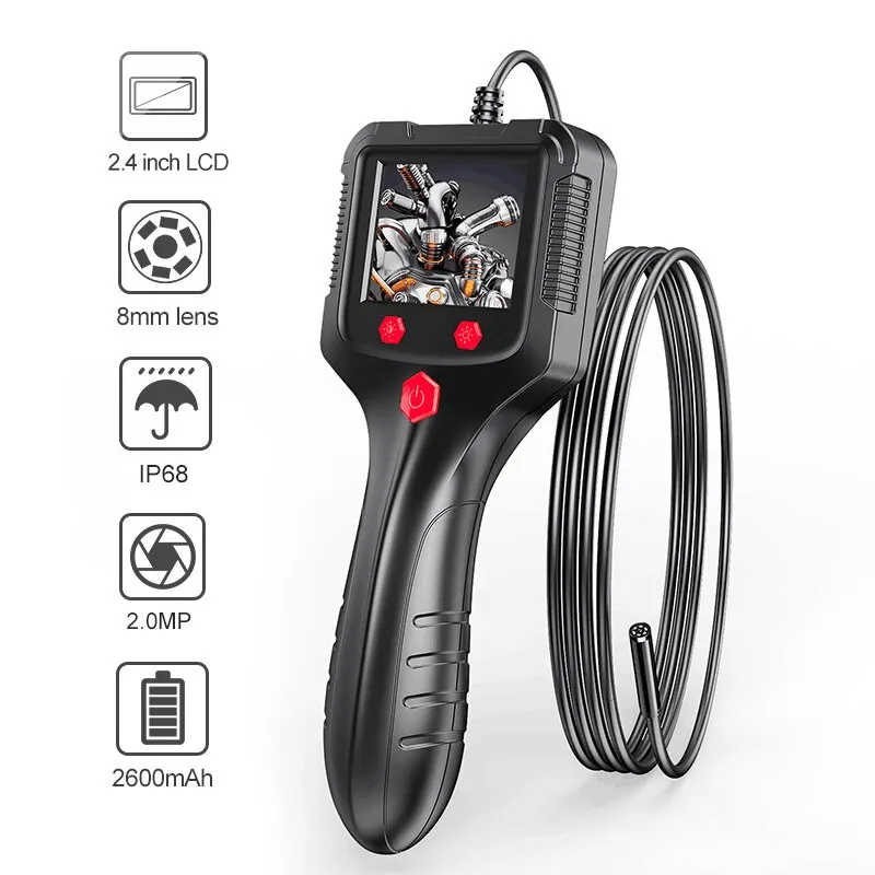 Câmera endoscópica LED industrial para carro, Inspeção de esgoto, Boroscópio, IP68 impermeável, 2.4 na tela IPS, 2600mAh, HD1080P