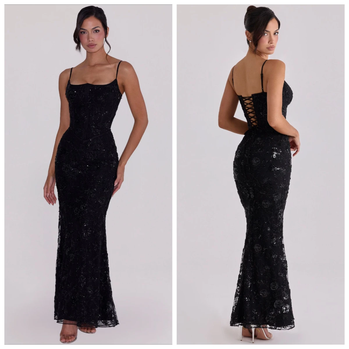 Retro Flora Pailletten Maxi Sling Jurk Dames Sexy Mouwloos Vetersluiting Vierkante Hals Bodycon Visstaartjurken 2026 Dames Feestjurken
