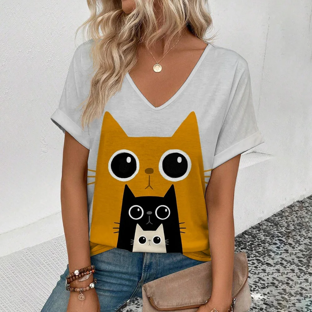 2024 Women's V-neck T-shirt Funny Cats Pattern Printing T-shirt Summer Leisure Women's Fashion Popular Short Sleeved T-shirt