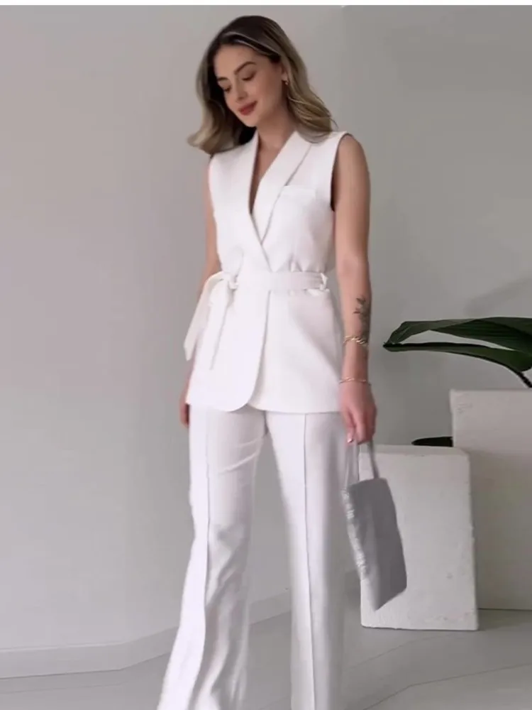 2 Piece Sets Commuter Lady Turn Dwon Collar Sleeveless Top With Long Pants Suit Elegant Solid Color Slim Set Women Party Outfit