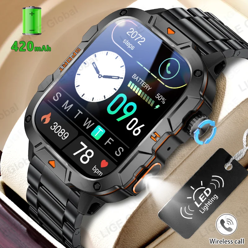 LIGE Rugged Military Smart Watch Men LED Flashlight Outdoor Sports IP68 Waterproof Al Voice Bluetooth Call 1.96