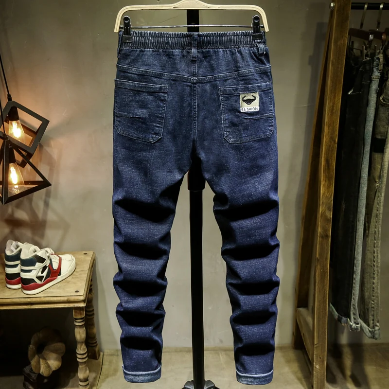 2025 Autumn New Men's Plus Size Dark Blue Jeans Drawstring Design Stretch Denim Pants Male Brand 5XL 6XL 7XL 8XL 9XL 10XL