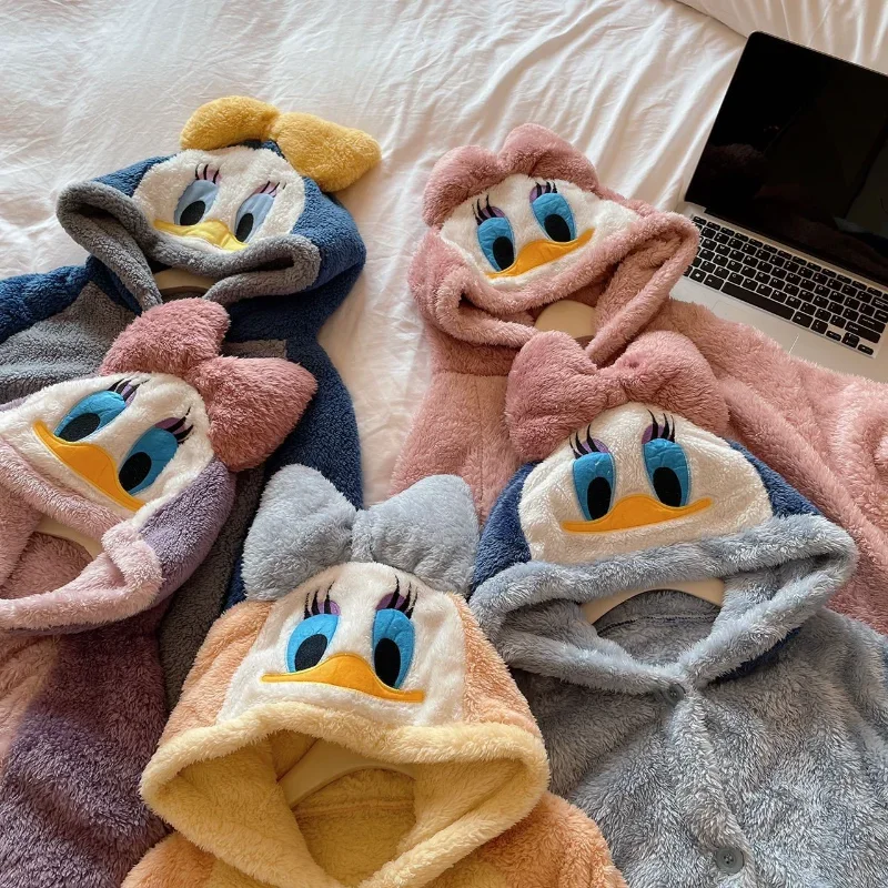 Cartoon Disney Donald Duck Pajamas Winter Hooded Pajamas Warm Casual Homewear Bathrobes Women\'s Pajamas New Plush Pajamas