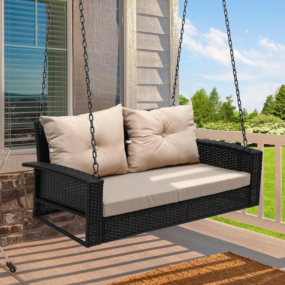 

Wicker Hanging Porch Swing Chair 2-Seats Outdoor Black Rattan Patio Swing Lounge w/ 2 Back Cushions Capacity 530lbs for Garden,