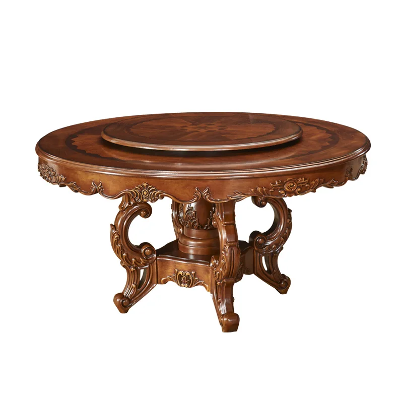 

American Classical Style Wooden Round Rotatable Dining Table with Lazy Susan Solid Wood Hand-made Carving with Dinning Chairs