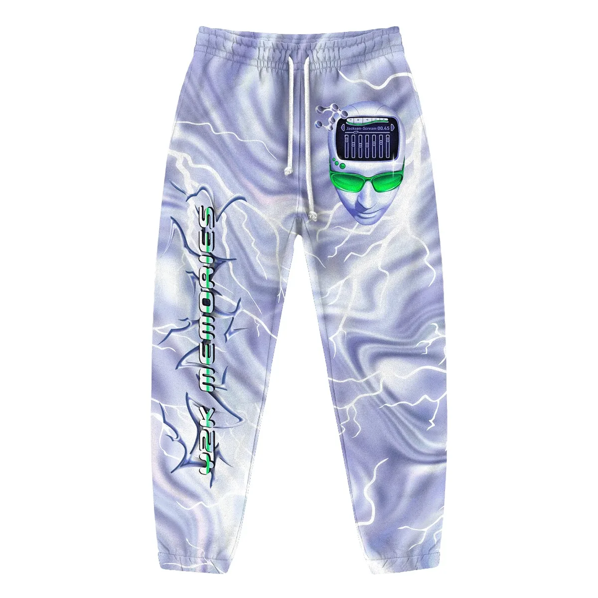 Light Purple Swirl & Lightning Pattern Joggers; Y2K Cyber-Robot Face & Audio Panel Drawstring Sweatpants; Streetwear (Unisex)