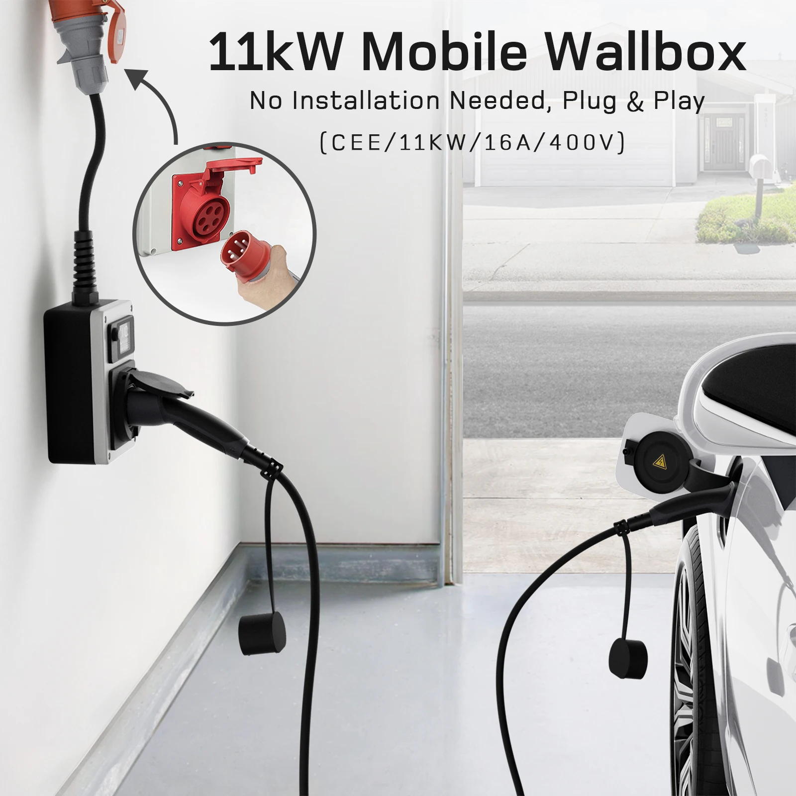 dé EV Charger Mobile Wallbox 11kW CEE to Type 2 Socket Vehicle Charging 16A 3 Phase RFID Control with Electricity Meter