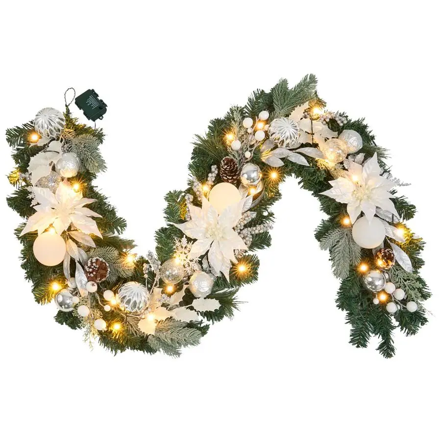 

Christmas Garland for Mantle,Fireplace,Stairs, Garland for Front Door Prelit 6 feet Winter White Silver Poinsettia Garland with