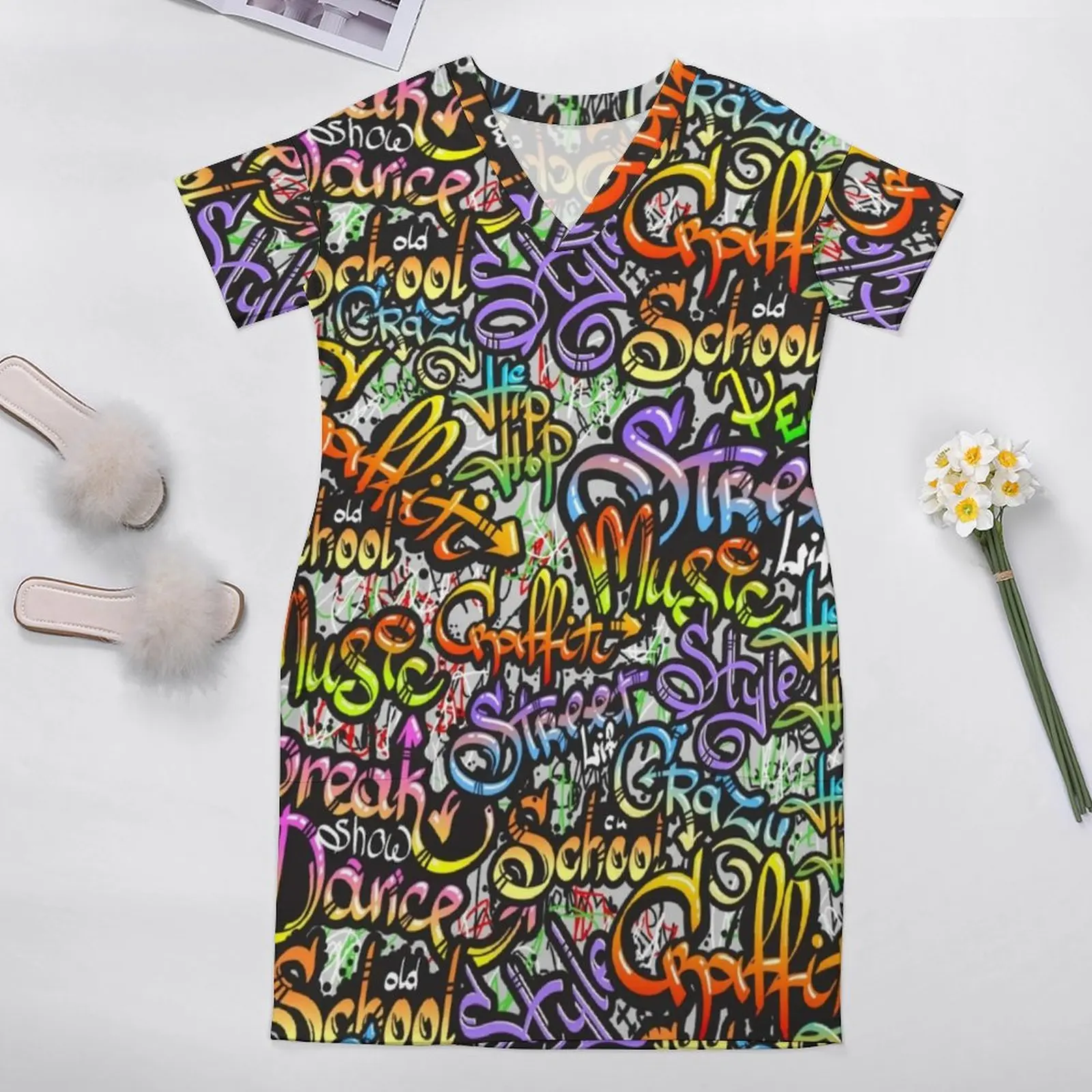 Word Graffiti Street Art Casual Dress Women Letter Print Cute Dresses Spring V Neck Street Fashion Printed Dress Plus Size 5XL