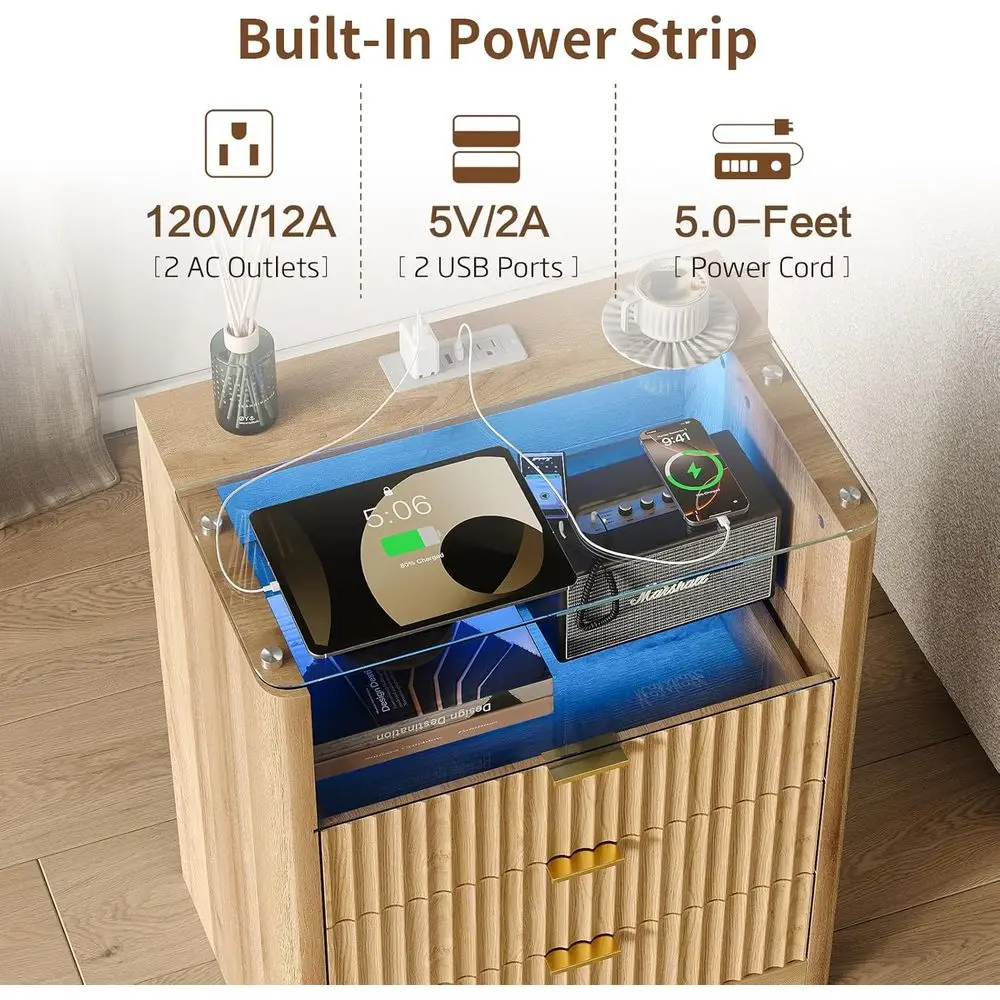 모던 오크 LED 나이트스탠드 세트 충전 스테이션 및 3개의 서랍 포함, 23인치 와이드 글래스 탑 엔드 테이블 침실, 거실 또는 사무실용