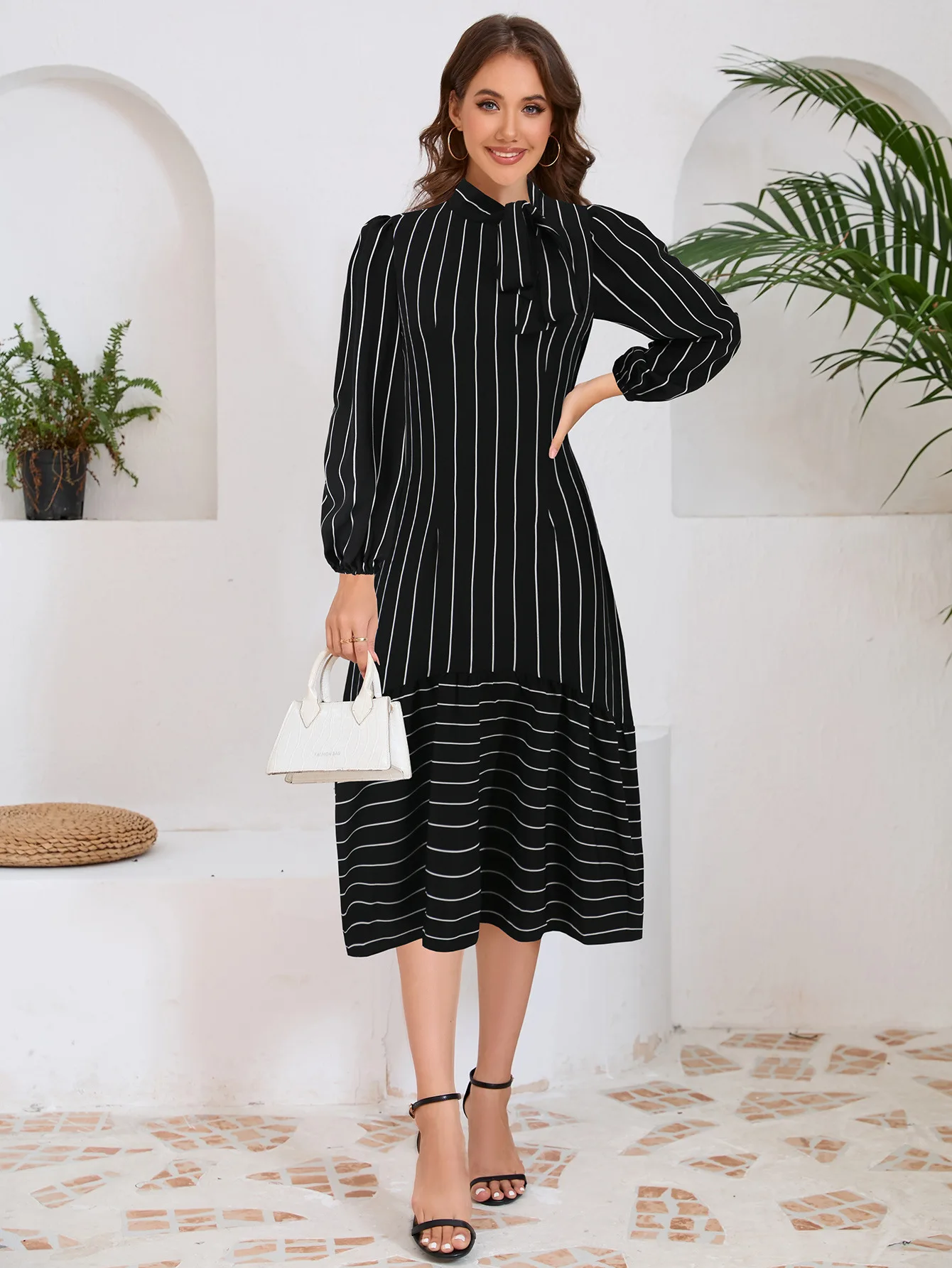 

Fashion Commuter Dress For Women Autumn New Elegant Stand Collar Lace Up Long Sleeve Striped Print Spliced Big Hem Dresses