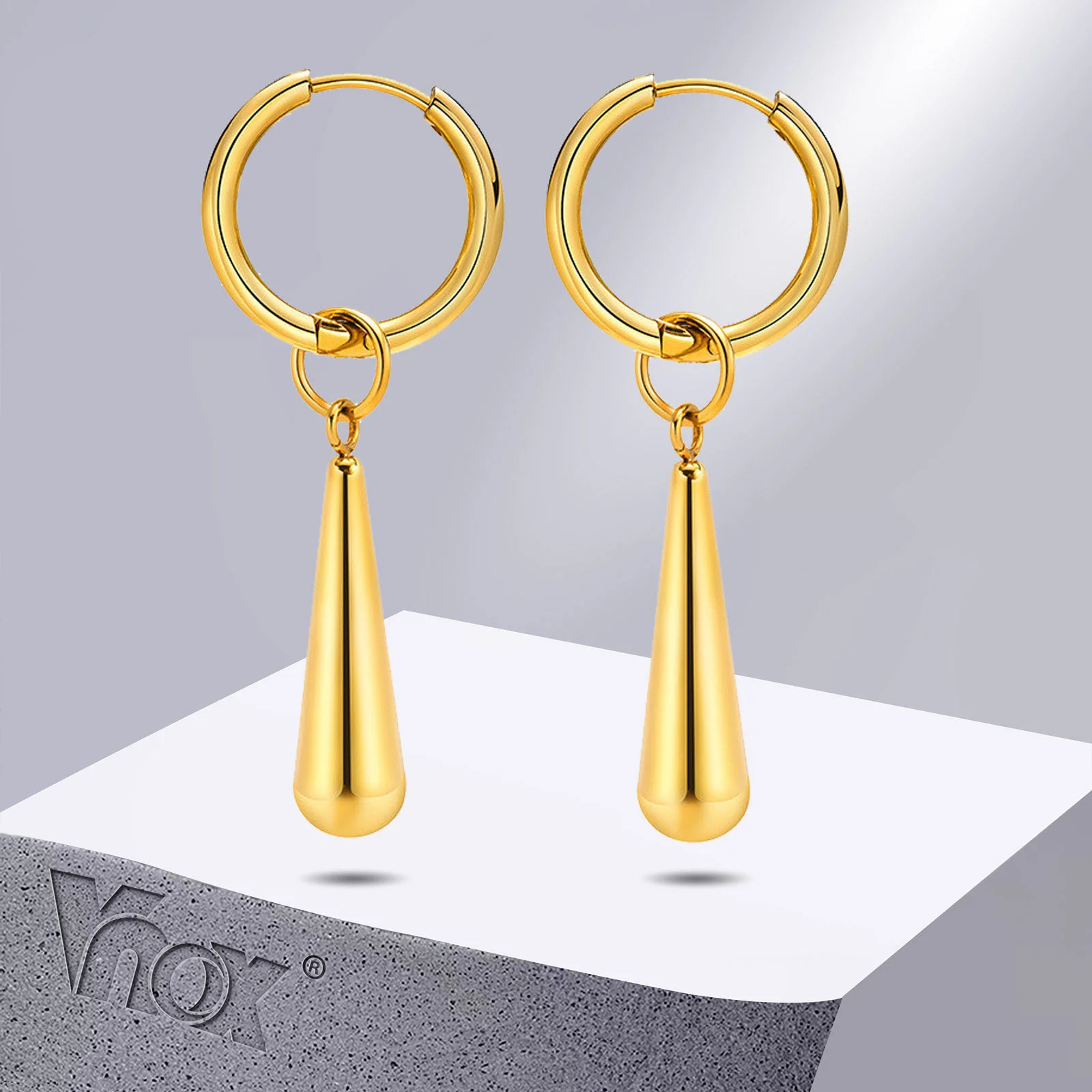 Vnox vrouwen oorbellen, goudkleurige roestvrijstalen waterdruppelvormige bengelen oorbellen, minimalistische metalen oor sieraden