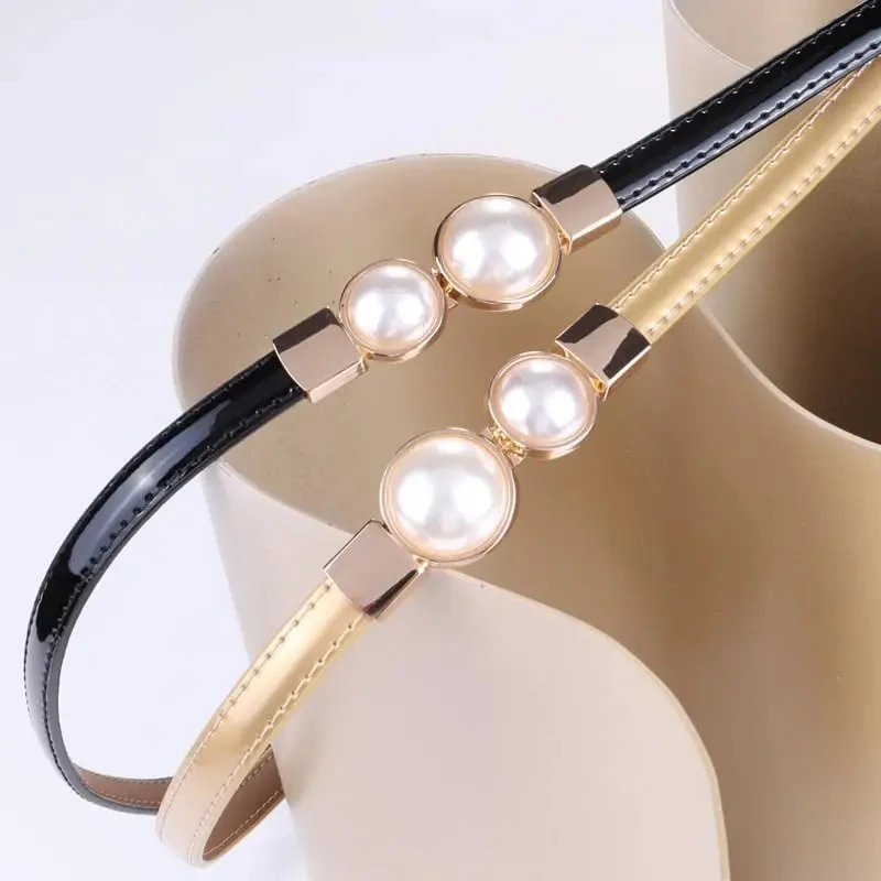 Fashion Adjustable Belt Women Genuine Leather Faux Pearl Buckle Thin Belt SkinnyWaistband Dress Coat Belt