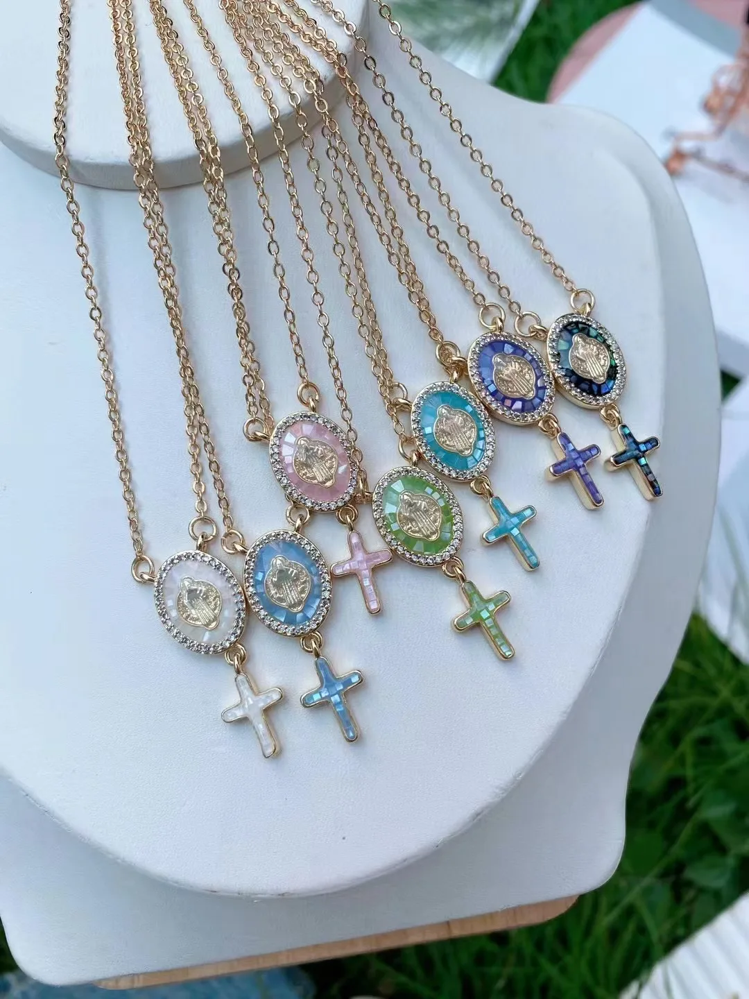 5PCS, Religious Zircon Shell Cross Jesus Virgin Mary Guadalupe Necklace For Women 2022 Gift Jewelry