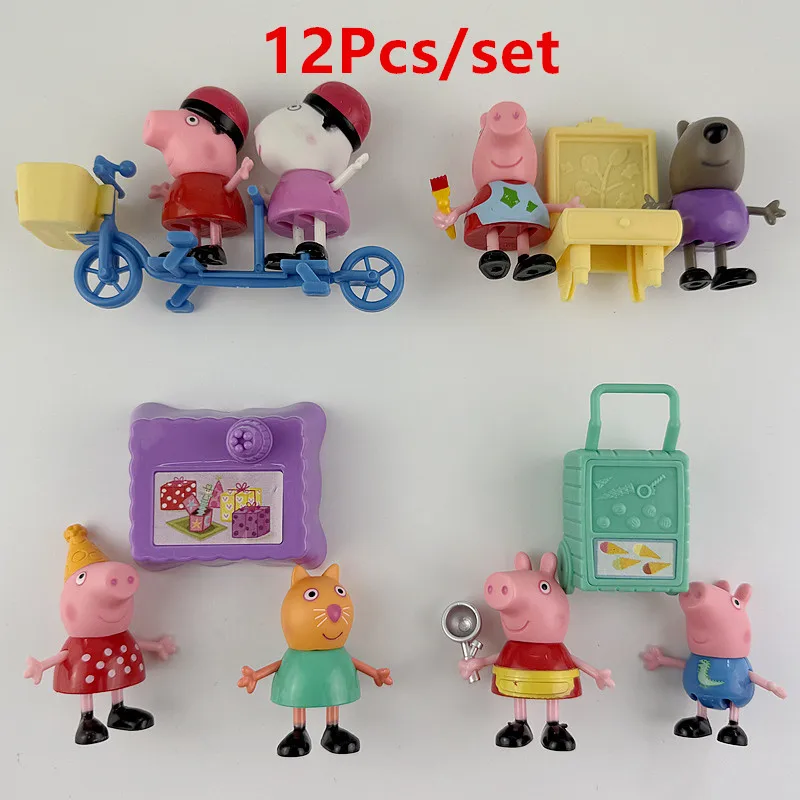 12Pcs/set Peppa Pig Danny Dog Painting Suzy Sheep Cycling George Ice Cream Candy Cat Birthday Anime action Figure Model Toys