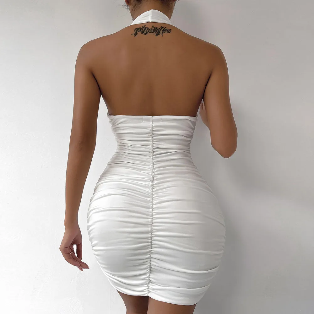 Fairyshely Sexy Ruffle V Deep Evening Party Dress 2024 Summer Short White Halter  Dresses Women Tight Club Mini Dress Clubwear