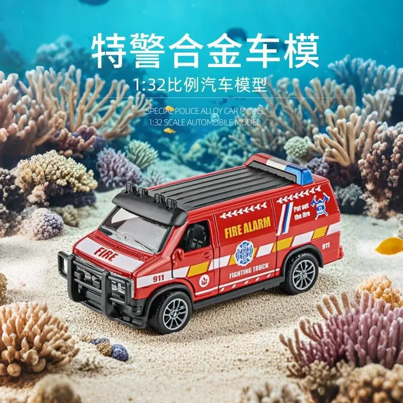 1:32 Policyjna wóz strażacki ze stopu, model samochodu z napędem pull-back, symulacja inercyjna, zabawka dla dzieci