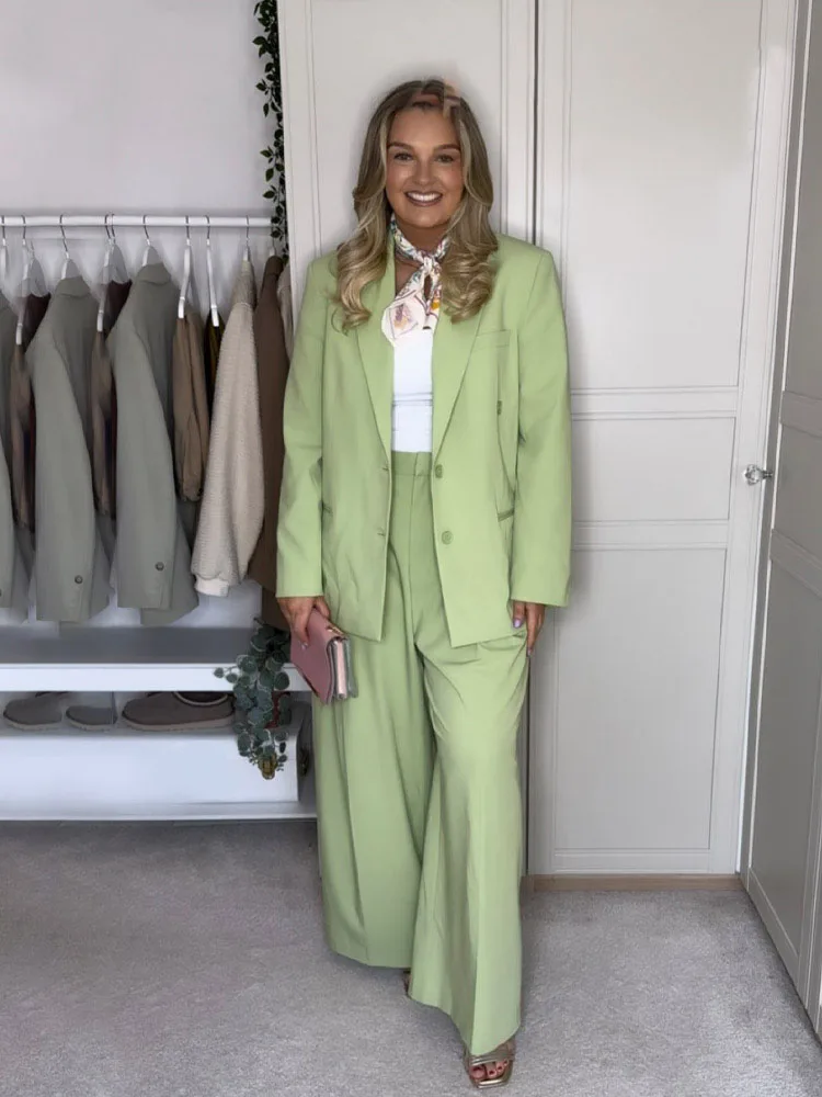 HH Women Suit Turn-Down Collar Long Sleeves Single-Breasted Pockets Lapel Blazers+Tripping Strap Decoration Zipper Pants