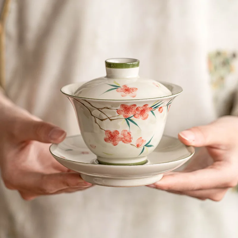 رسمت باليد زهر الخوخ ثلاثة المواهب Gaiwan فنجان شاي واحد الراقية طقم شاي الكونغ فو الصينية شاي سيراميك بروير وعاء للشرب #4