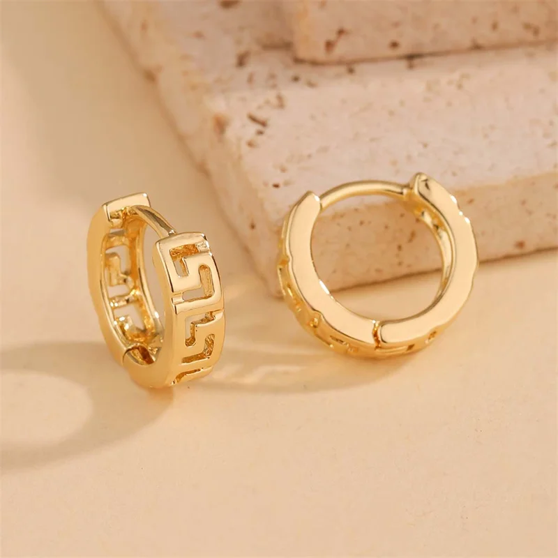 Vintage Geometry Mesh Pattern Hoop Earrings Copper Golden Plated Jewelry Simple Suitable For Women Daily Casual