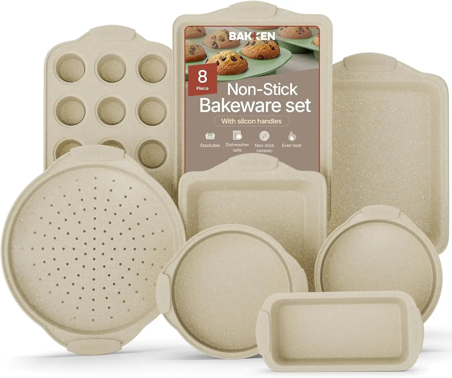 

8-Piece Carbon Steel Bakeware Set with Nonstick Marble Coating and Cool-Touch Handles for Professional Baking