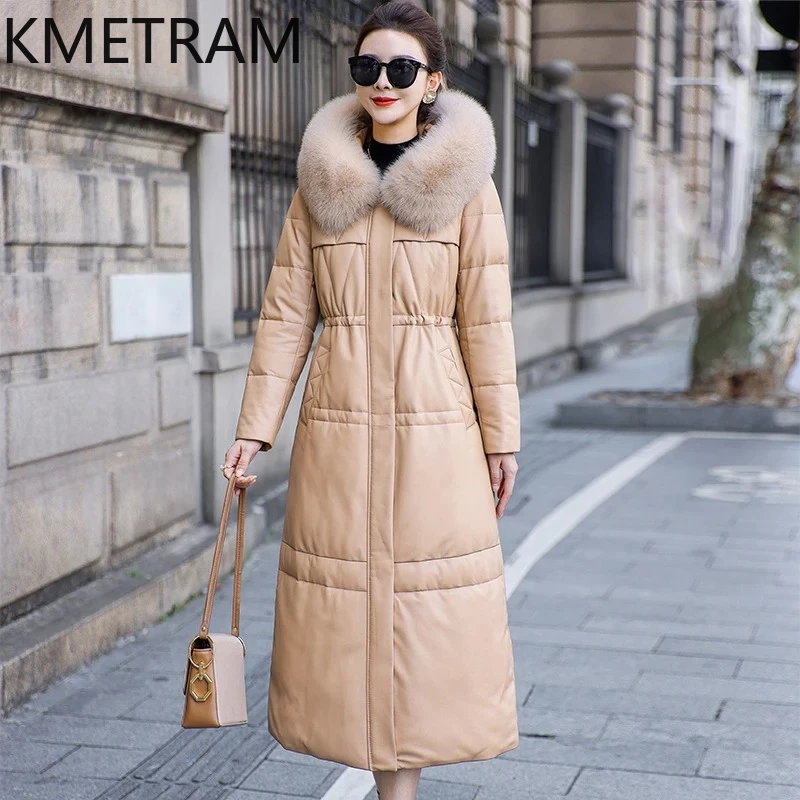 KMETRAM 100% abrigo de piel de oveja de plumas de ganso con capucha chaqueta acolchada larga de cuero Real para mujer con cuello de piel de zorro ropa de invierno 2025