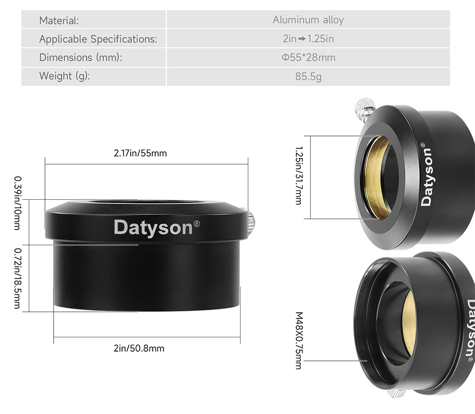Datuson 2-Zoll-auf-1,25-Zoll-Adapter für Teleskope, geeignet für astronomische Okulare und Zubehör. # 5P9981C – Detail 3