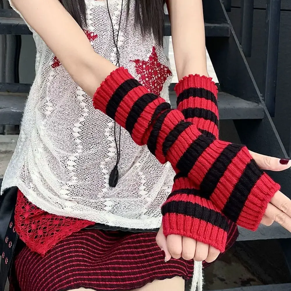 Hot Y2K Striped Knitted Arm Warmers Long Sleeve Fingerless Gloves Girls Punk Gothic Accessories Elbow Mittens Christmas Gifts