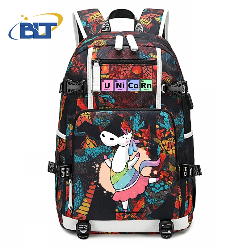 Unicorn Print Student School Bag, Mochila de grande capacidade, USB Outdoor Travel Bag, Presente Kids