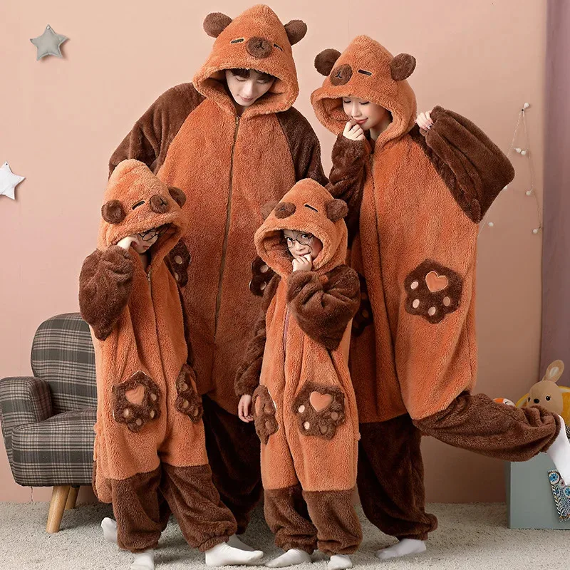 

Winter 2025 Thick Warm Coral Fleece Family Matching Loungewear Xmas Cartoon Animal Jumpsuit Parent-child Flannel Home Clothes