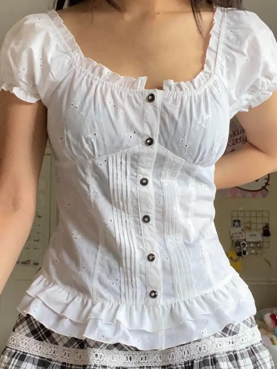 

Womens Kawaii Corset Tops 2000s T-shirt Lace Trim Vintage Button V Neck Slim Tee Tops Summer y2k Shirts Harajuku
