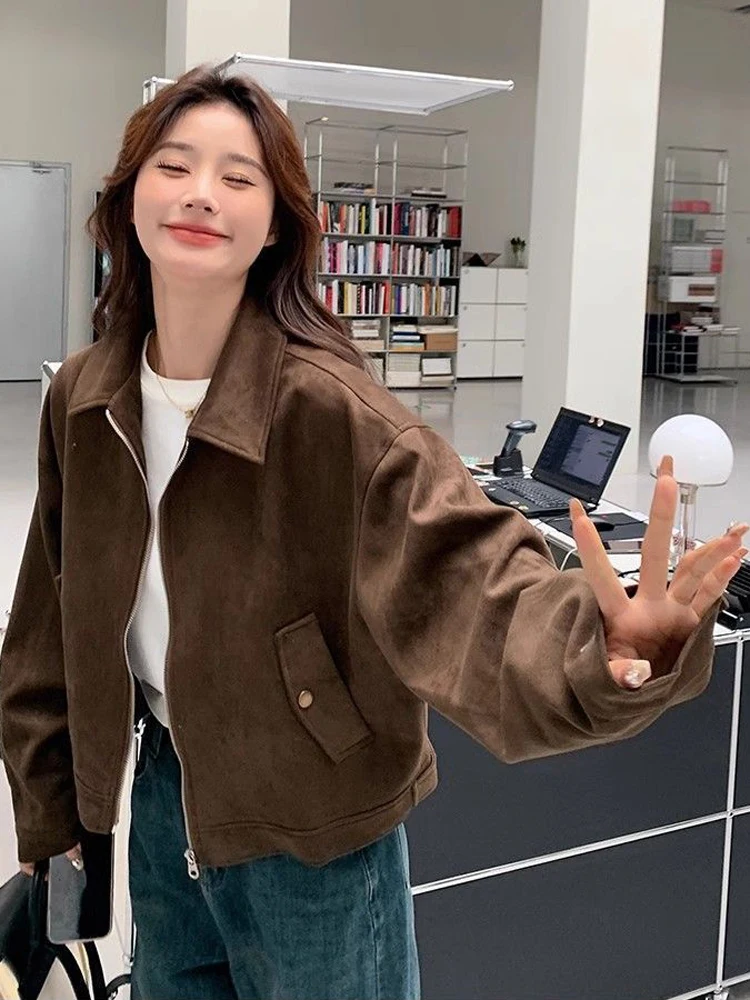 FSMG Vintage kávová semišová bunda s klopou pro ženy, ležérní dlouhý rukáv, kapsa na zip, oříznutý kabát, módní high street outfit - náhled 5