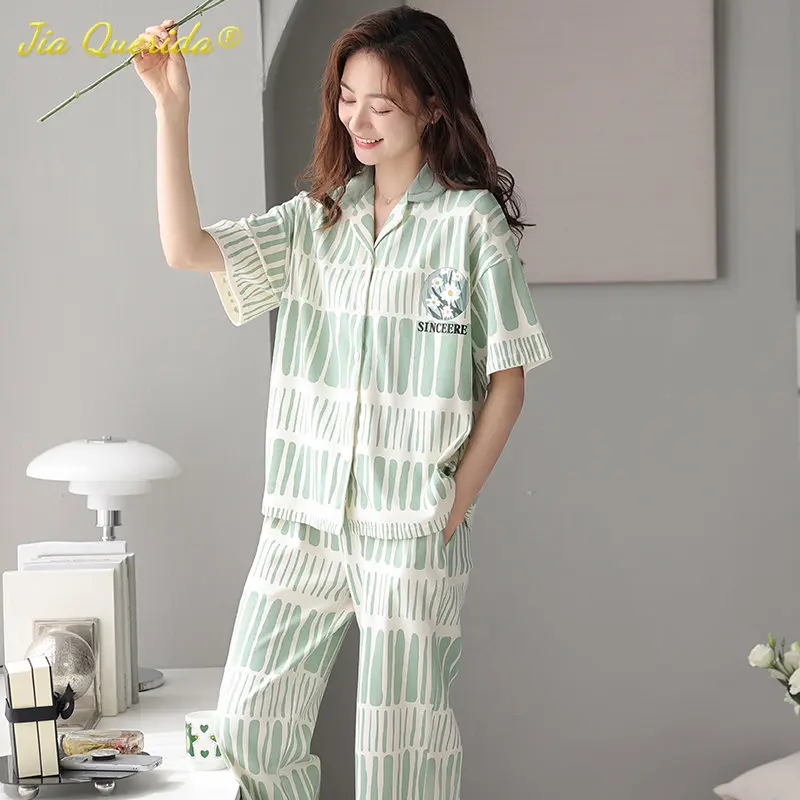 SUKAE Elegant Floral Sleepwear for Woman Summer Turn-down Collar Women\'s Pajamas Set Casual Loungewear Cotton Nightwear for Girl