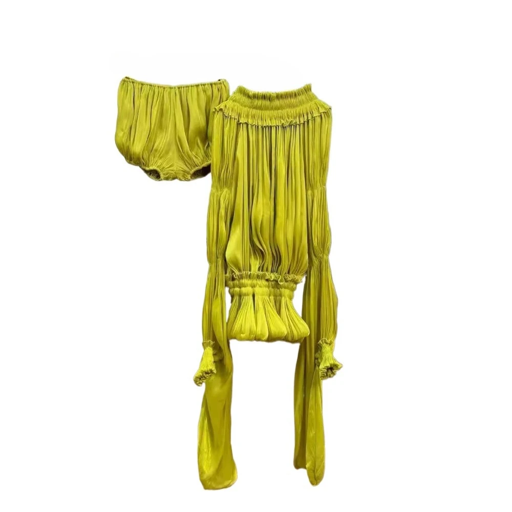 GALCAUR Solides, lockeres, plissiertes Minikleid für Damen, schräger Ausschnitt, lange Ärmel, Patchwork, elastische Taille, Kleider, Damenmode