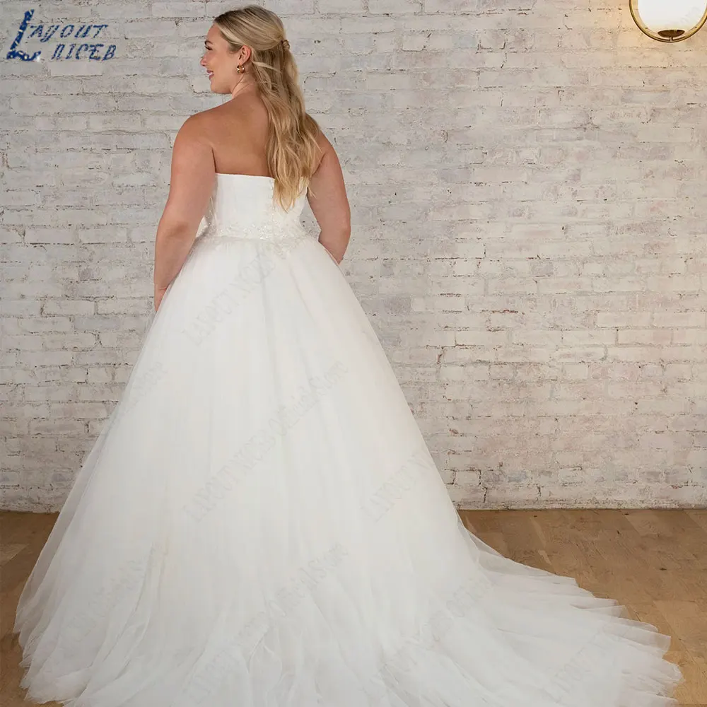 Vestido de novia sin tirantes con apliques NICEB, traje de talla grande, sin mangas, Espalda descubierta, corte en A, tul, 2024Vestido de novia sin tirantes con apliques NICEB, traje de talla grande, sin mangas, Espald