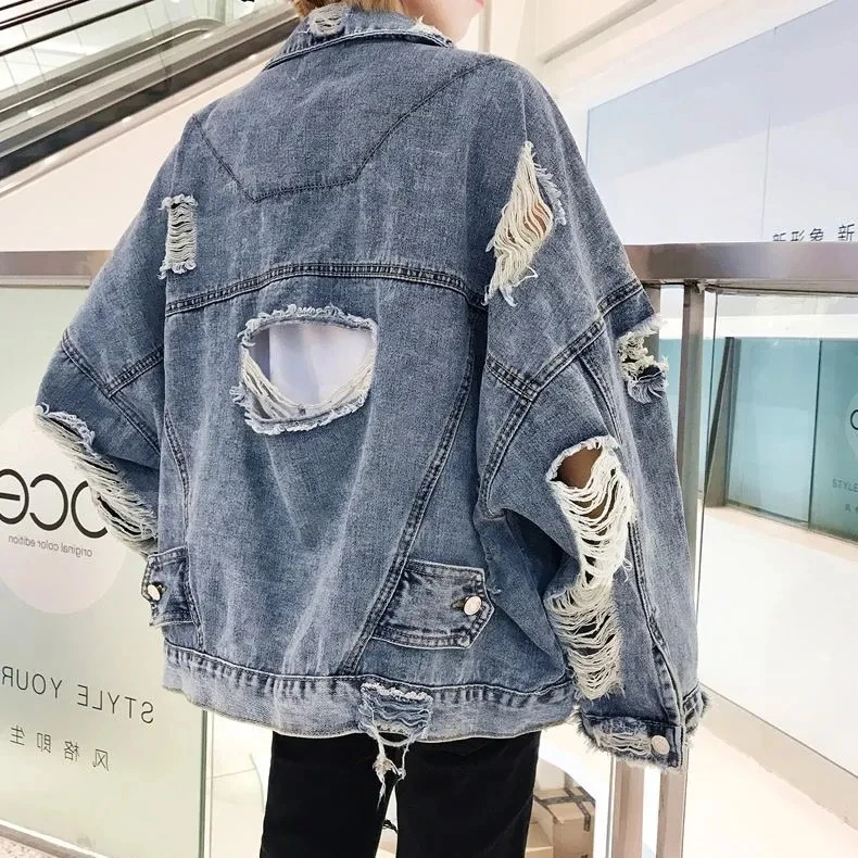 Fried Street Hole Denim Jacket Women's New Spring  Autumn Cowboy Jackets Female Outerwear Fashion Loose Casual Jacket Streetwear