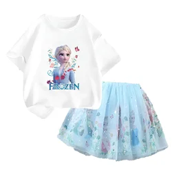 Disney Frozen Elsa Pretty T Shirt and Mesh Skirt Two Piece Tutu Skirt Summer Fashion Girl 3-14 Year Children Party Clothing