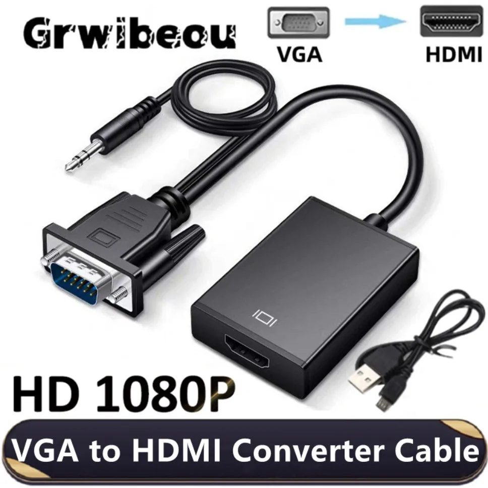 HD 1080P VGA to HDMI Adapter Cable With 3.5mm Audio Output + USB Powered VGA to HDMI Converter for PC laptop to HDTV Projector