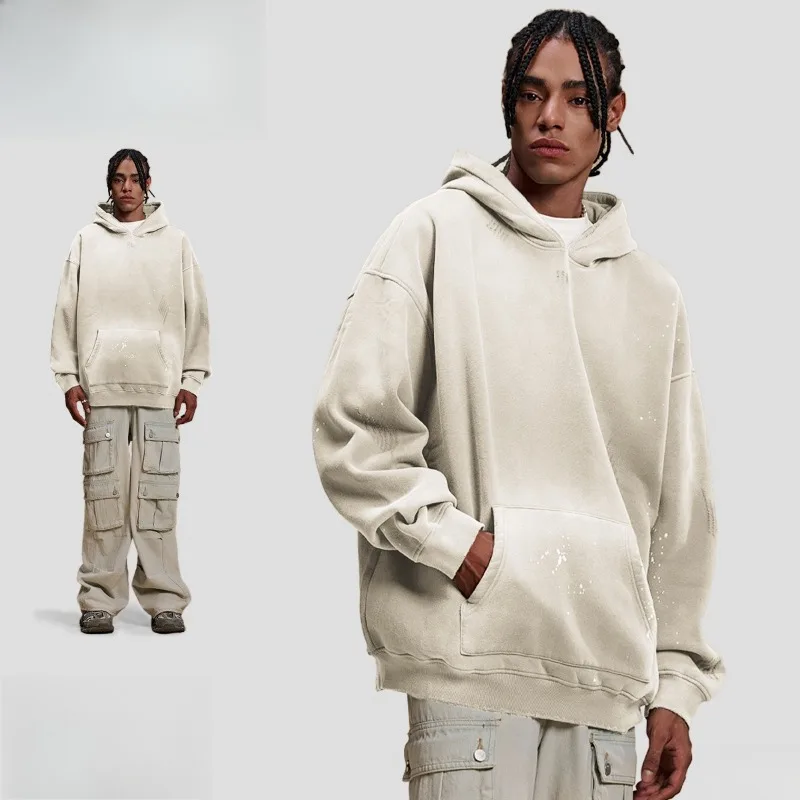 Vintage Wasteland Style Washed Hoodie Men High Street Splash Ink Distressed Oversized Pullover Sweatshirt Y2k Streetwear Men