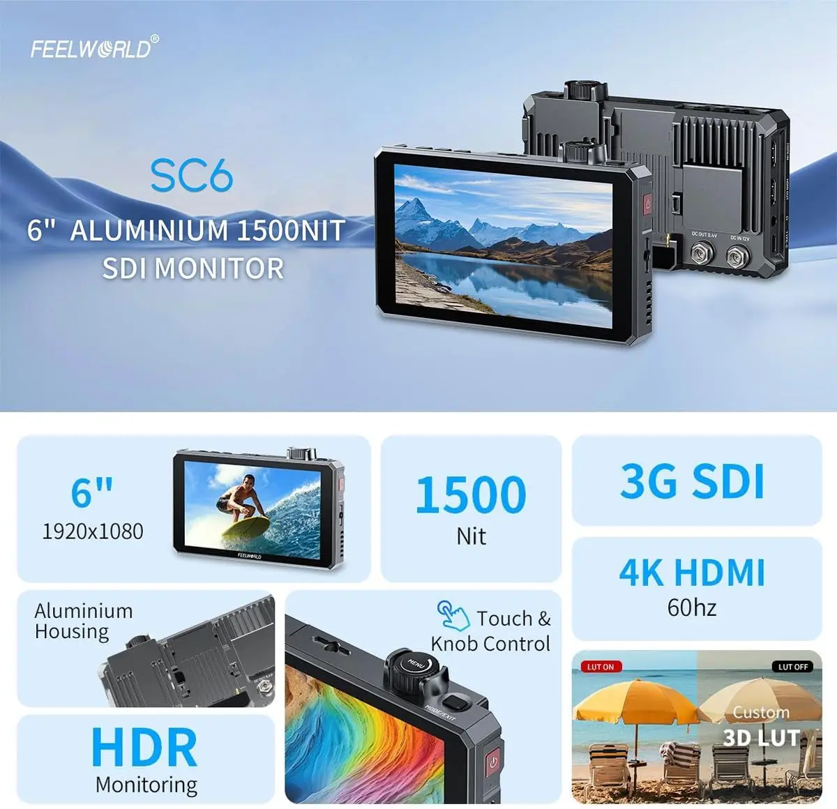 Outdoor Videography FEELWORLD SC6 6 Inch 1500nit Aluminum Monitor Touch 3G SDI 4K 60Hz HDMI Camera Accessory - view 6