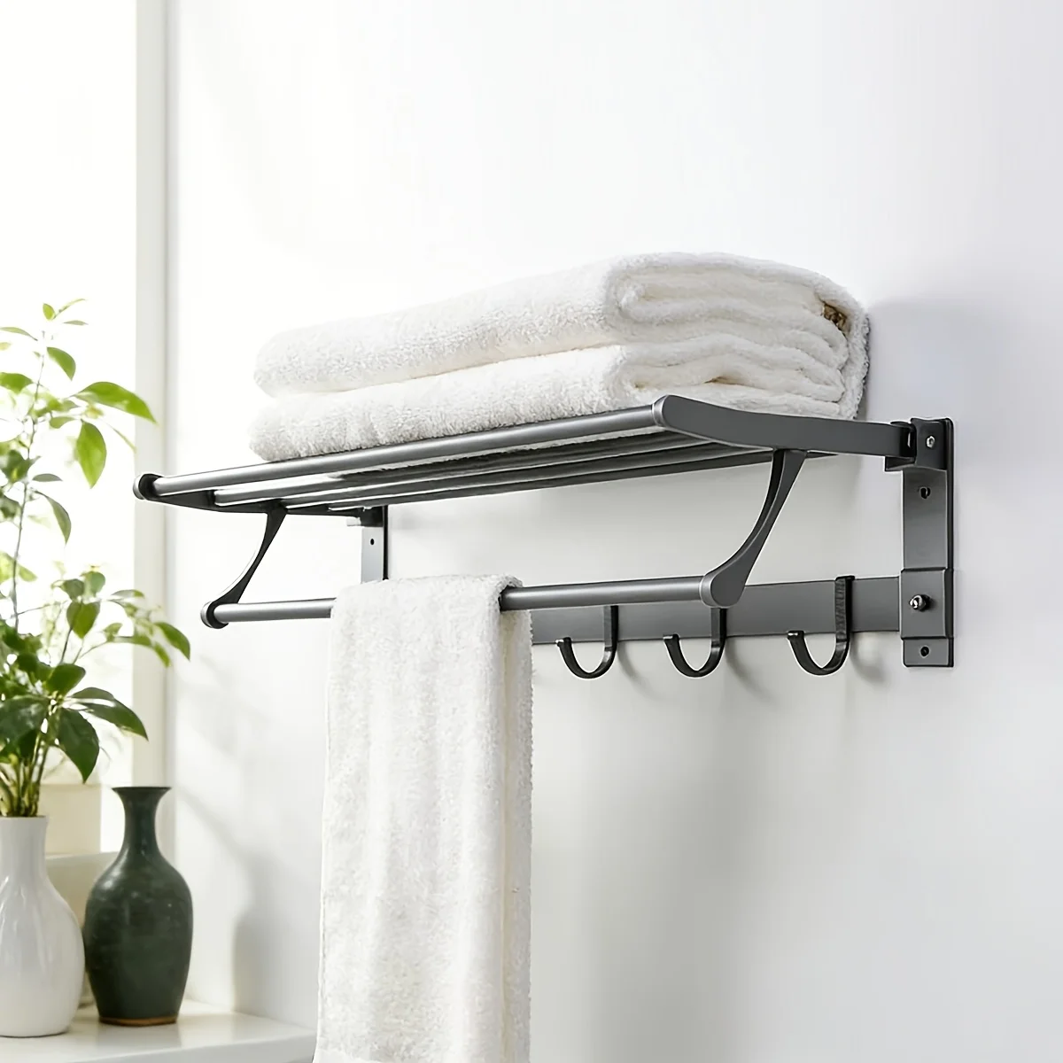 Modern Matte Grey Wall Mount Towel Holder, Foldable Towel Rack with Storage Shelf & Multiple Hooks, Heavy‑Duty Organizer for Bat