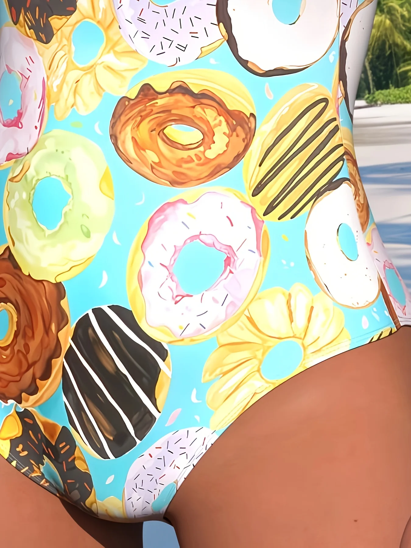 Traje de baño de una pieza para mujer: estampado de donut dulce, tela de alta elasticidad, control de barriga, traje de baño de cintura alta