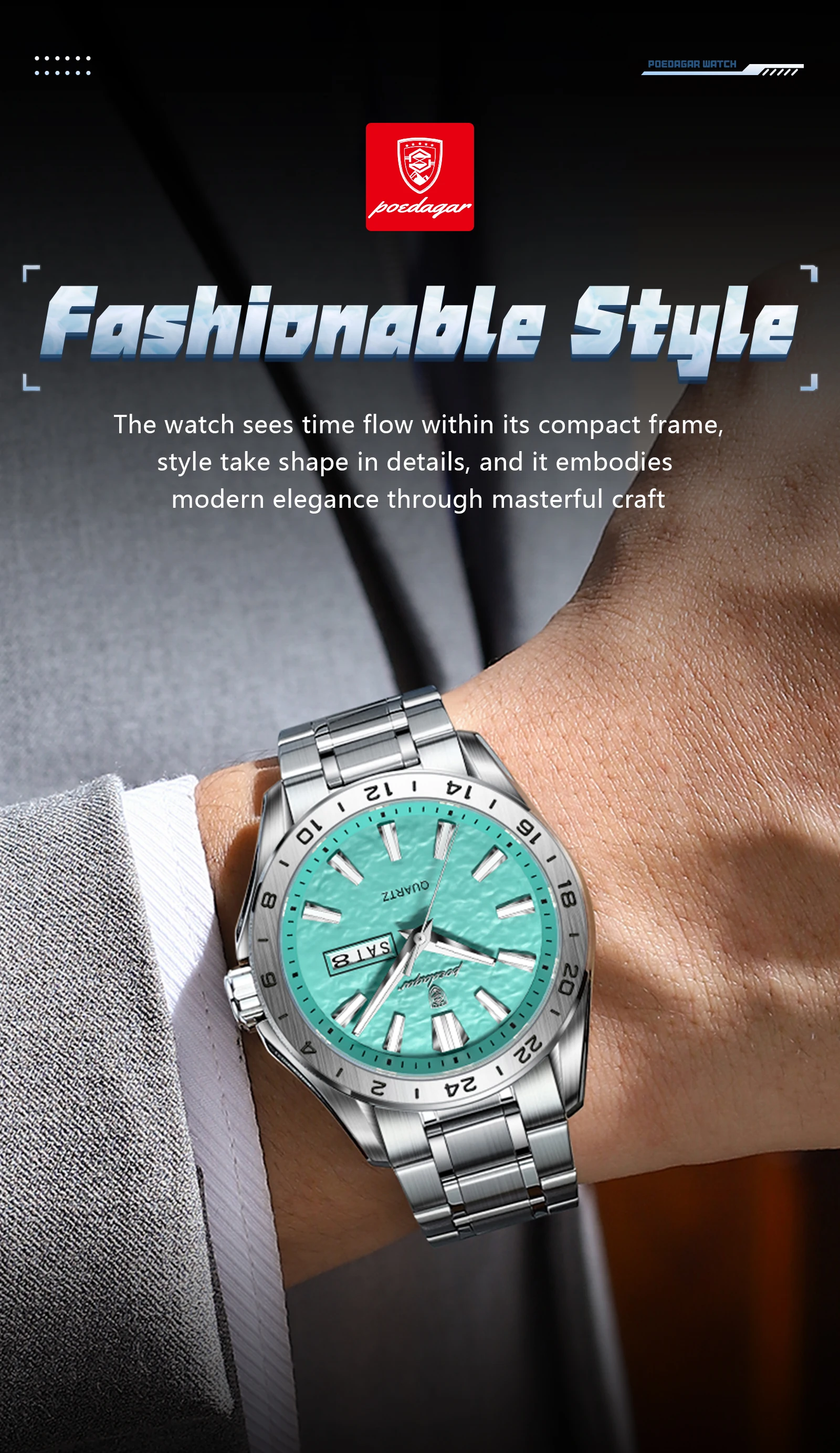 POEDAGAR Top-Mode Herrenuhr, Business, Leuchtend, Wasserdicht, Edelstahl, Herrenuhr mit Datum, Wochentag, Quarz, Sportuhr, Herrenuhren, Reloj – Detail 13