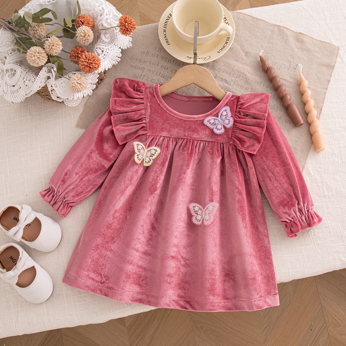 Baby Girl Long Sleeved Dress Sweet Butterfly Decor Velvet Solid Color Dress Fall Winter Party Outfit for 0-3Y Kids