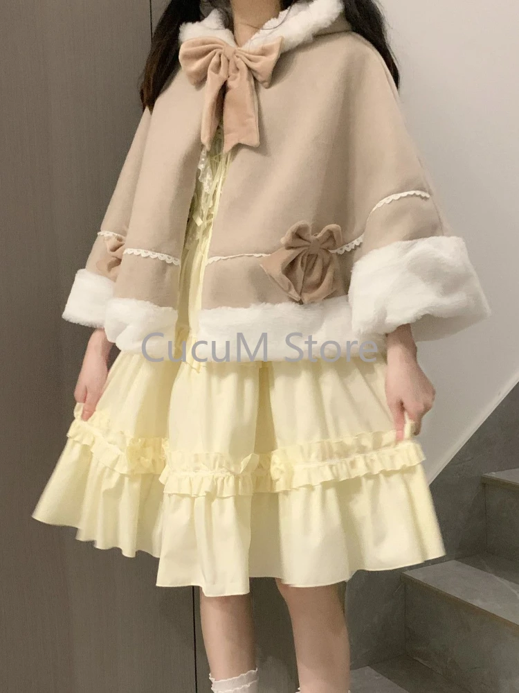 Lolita New 2024 Autumn Winter Plush Shawl Sweet Girl Womens Plush Warm Cloak Coat Cute Bow Elegant Y2k Hooded Coat Tops