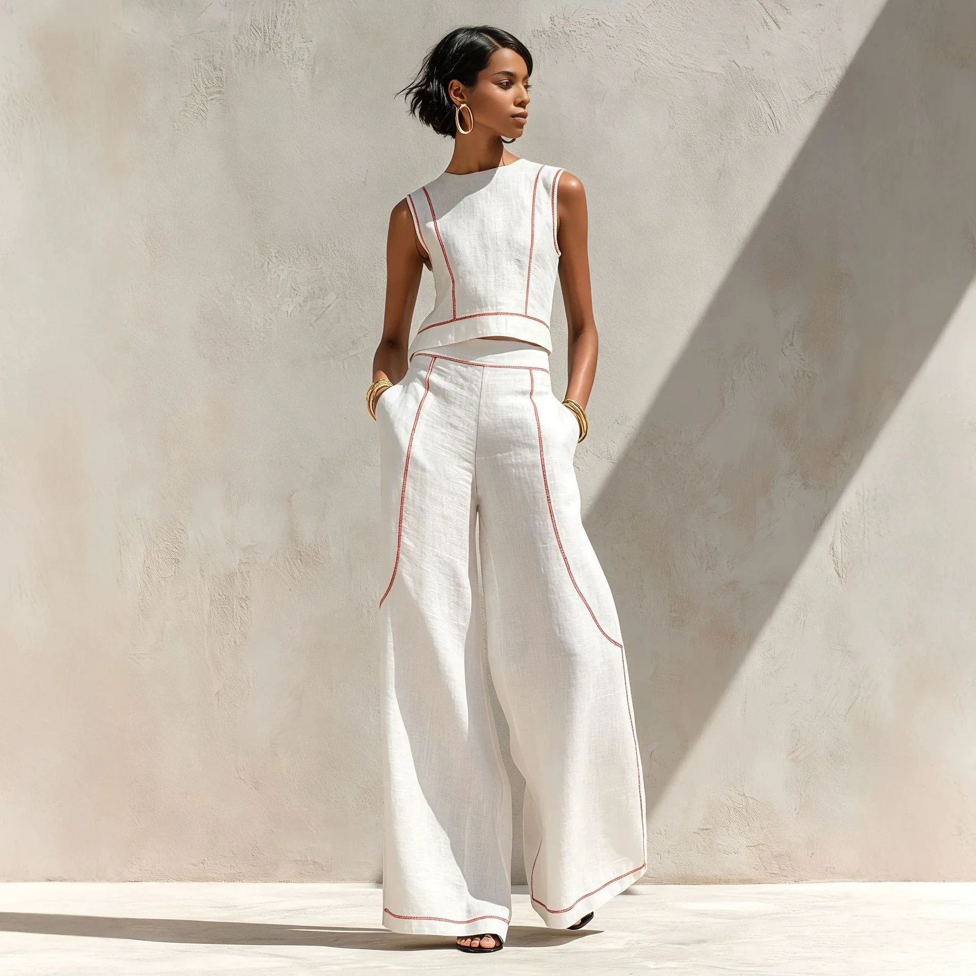 Women's Matching Sets Sleeveless Color Block Cotton Blend Long Pants Two Piece Set Vest Top Casual Summer Suit with High Waist